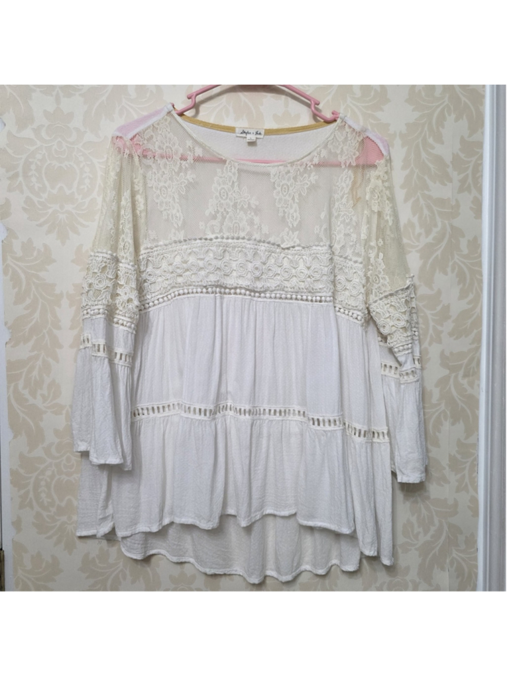 SKYLAR + JADE Boho Flowy Bell Sleeve Lace Whimsy Blouse Top Lg